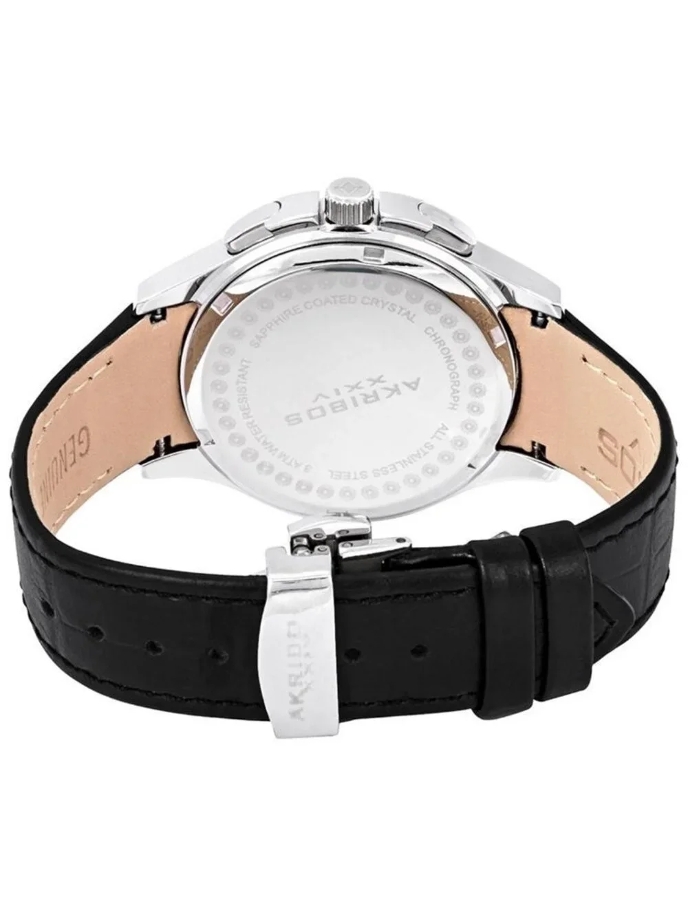 NWT Akribos XXIV Grandiose Crystal Chronograph Steel Black Leather Men's Watch
